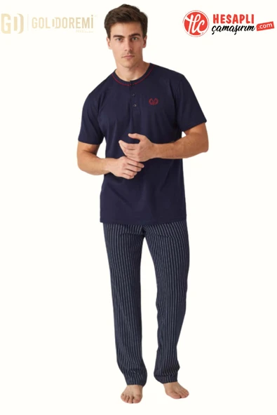 Mod Collection 3416 Erkek Düğmeli Yaka Kısa Kollu Çizgili %100 Pamuklu Rahat Kalıp Pijama Takım ürün görseli 1