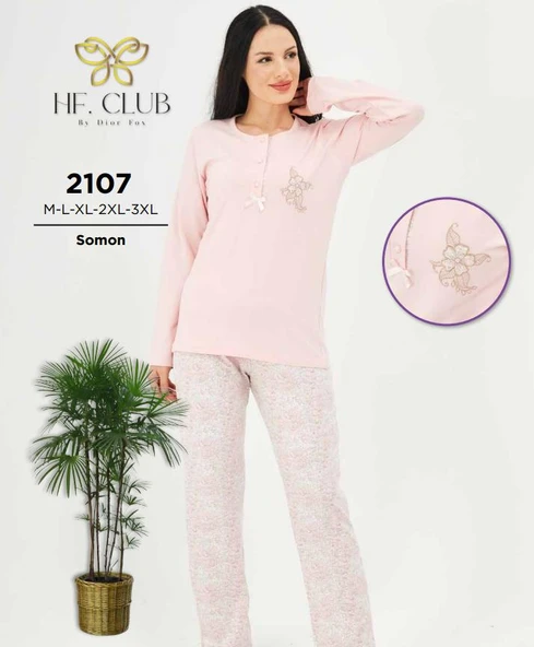 HF Club 2107 Kadın Önden Düğmeli Uzun Kollu Pijama Takımı ürün görseli 1