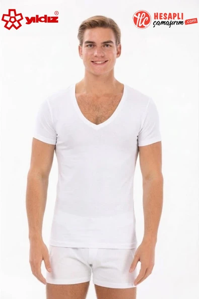 Yıldız 355 Premium Erkek Beyaz Rahat Kalıp Derin V Yaka Kısa Kollu Mevsimlik Atlet/Fanila/Tshirt ürün görseli 1