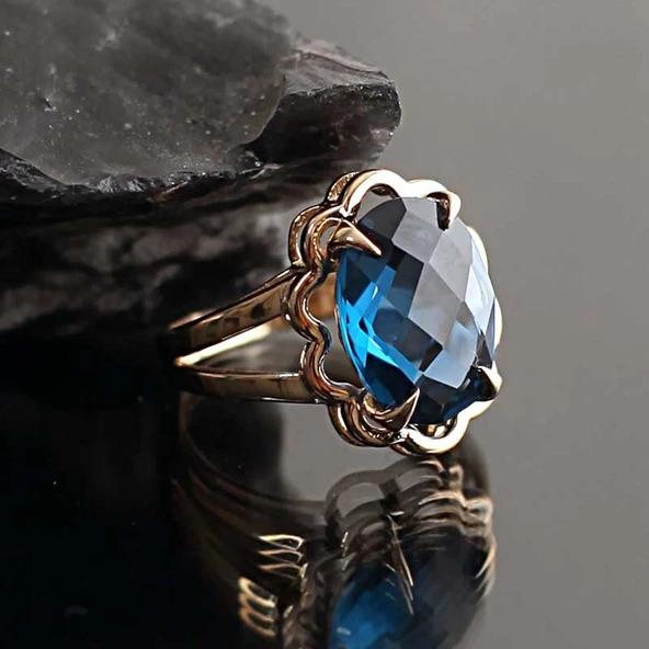 14 Ayar Altın Mavi Topaz Taşlı Yüzük ürün görseli 1