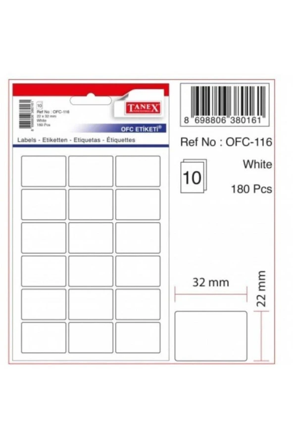 Tanex Ofis Etiketi Poşetli 22x32 MM Beyaz (10 Lu Paket) ürün görseli 1