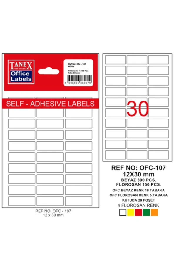 Tanex Ofis Etiketi Poşetli 12x30 MM Beyaz (10 Adet) ürün görseli 1