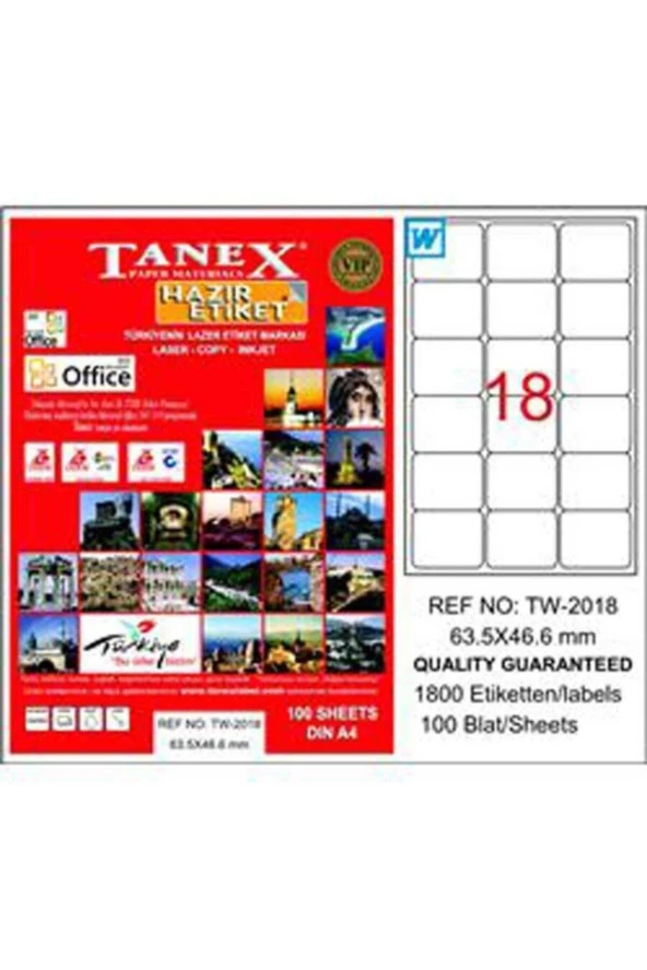 Tanex Lazer Etiket 100 Yaprak 63.5x46.6 Laser-Copy-Inkjet TW-2018 (20 Paket) ürün görseli 1