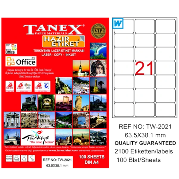 Tanex Lazer Etiket 100 Yaprak 63x38 MM Laser-Copy-Inkjet TW-2021 (20 Li Paket) ürün görseli 1