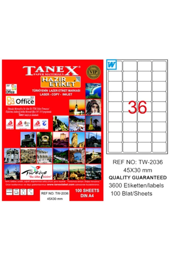 Tanex Lazer Etiket 100 Yaprak 45x30 Laser-Copy-Inkjet TW-2036 (20 Paket) ürün görseli 1