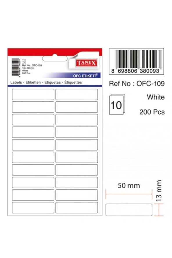Tanex Ofis Etiketi Poşetli 13x50 MM Beyaz OFC-109 (10 Lu Paket) ürün görseli 1