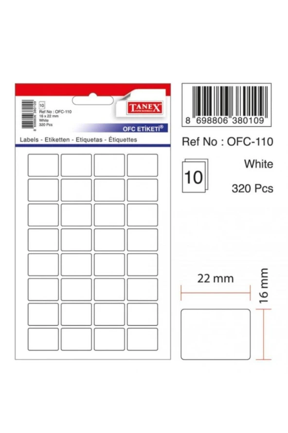 Tanex Ofis Etiketi Poşetli 16x22 MM Beyaz (10 Lu Paket) ürün görseli 1