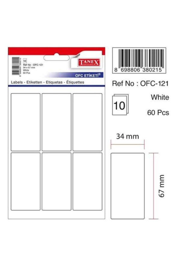 Tanex Ofis Etiketİ Poşetli 34x67 MM Beyaz OFC-121 (10 Lu Paket) ürün görseli 1