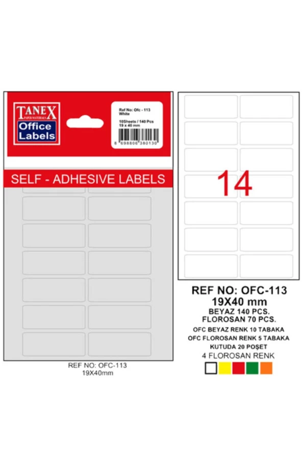 Tanex Ofis Etiketi Poşetli 19x40 MM Beyaz OFC-113 (10 Lu Paket) ürün görseli 1
