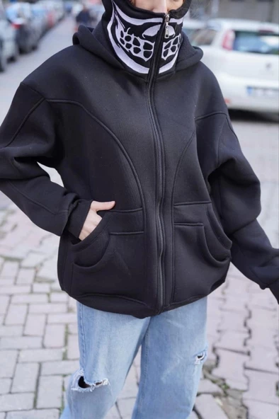 Samuray Kapşonlu ZIP Fermuarlı Çift Kapşonlu Nakışlı SweatShirt- Siyah ürün görseli 1