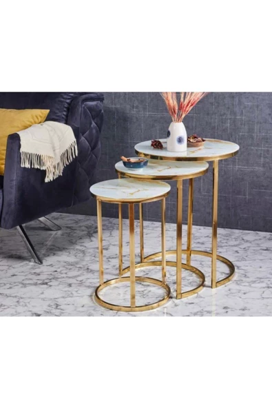 Evim-E Aksesuar Eko C Metal Iç Içe Girebilen 3'lü Zigon Sehpa Gold (altın) Kaplamalı - Gold Mermer Temperli Cam ürün görseli 1