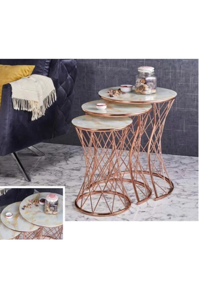Evim-E Aksesuar C Metal Içiçe Girebilen 3'lü Zigon Sehpa Bakır (rose Gold) Kaplamalı - Gold Mermer Temperli Cam ürün görseli 1