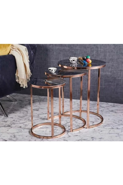 Evim-E Aksesuar Eko C Metal Iç Içe Girebilen 3'lü Zigon Bakır (rose Gold) Kaplamalı - Siyah Mermer Temperli Cam ürün görseli 1