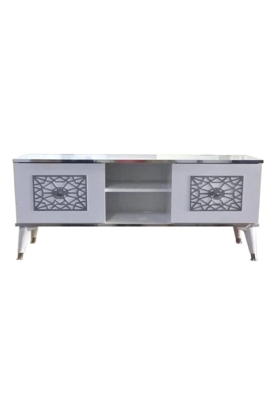 Evim-E Aksesuar 140 Cm Cnc Kesim Eko Tv Sehpası & Ünitesi - Beyaz & Nikel ürün görseli 1
