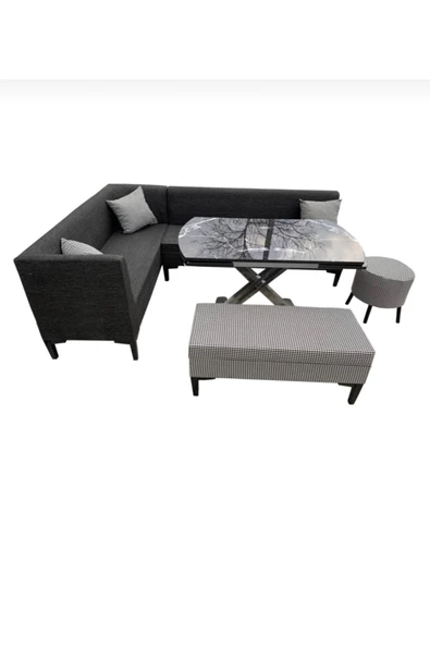 Evim-E Aksesuar Modern Pedli 160x160 Cm Mutfak Köşe Takımı Cam Masalı + Puflu ürün görseli 1