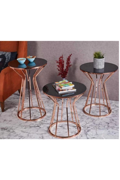 Evim-E Aksesuar Cadde Metal 3'lü Zigon Sehpa Yuvarlak Bakır (rose Gold) Kaplama - Siyah Temperli Cam ürün görseli 1