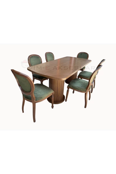 Evim-E Aksesuar 90 x 200 cm Sabit Oval Mantar Masa Takımı 6 Adet Madalyon (Gürgen)Sandalye+Masa Ceviz Renk ürün görseli 1