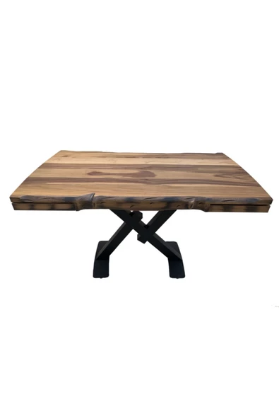 Evim-E Aksesuar Ortadan X Ayaklı Kütük Desenli Pistonlu Açılır Masa Doğal Ceviz Renkte 80x130 Cm ürün görseli 1