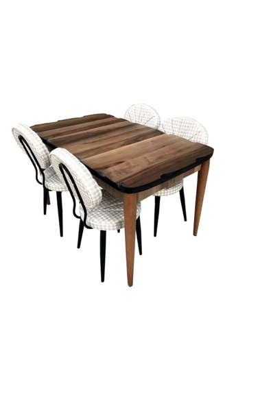 Evim-E Aksesuar Mdf Ceviz Açılır Kütük Masa + 4 Adet Midye Metal Döşemeli Sandalye ürün görseli 1