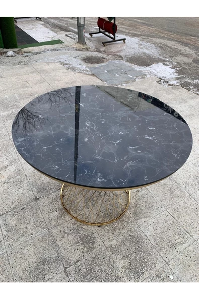 Evim-E Aksesuar Pota Metal Ayaklı 110 Cm Yuvarlak Ahşap Tablalı Masa Siyah Mermer+gold Kaplama ürün görseli 1