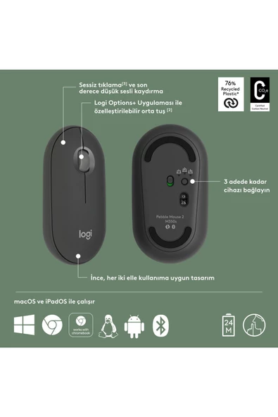 M350s Pebble 2 Kablosuz Mouse - Grafit BLUETOOTH OUTLET - Resim 8