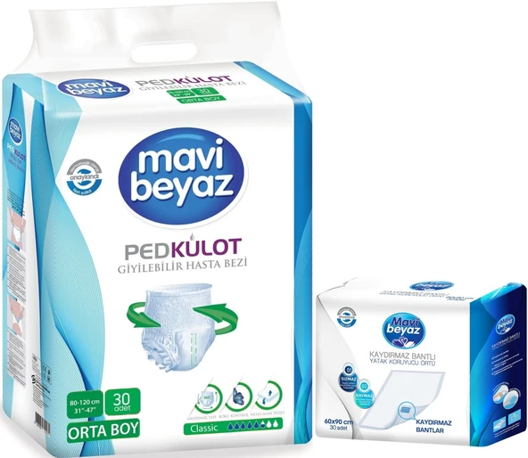 Mavi Beyaz Ped Emici Külot Hasta Bezi M - Medium Orta 30 Adet + Yatak Koruyucu Örtü 60*90CM 30 Adet ürün görseli 1