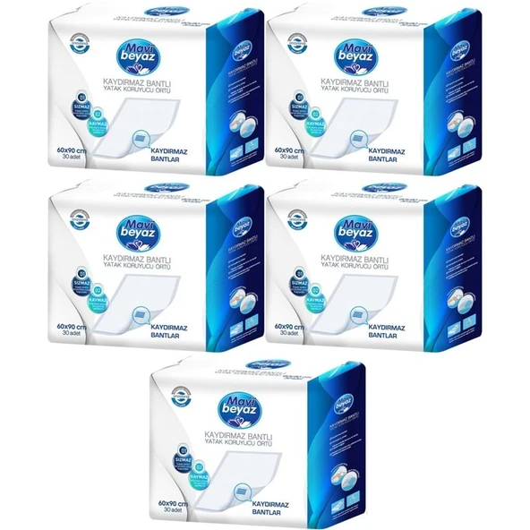 Mavi Beyaz Yetişkin Alt Açma Yatak Koruyucu Örtü 60*90CM 150 Adet (5PK*30) Kaydırmaz Bantlı ürün görseli 1