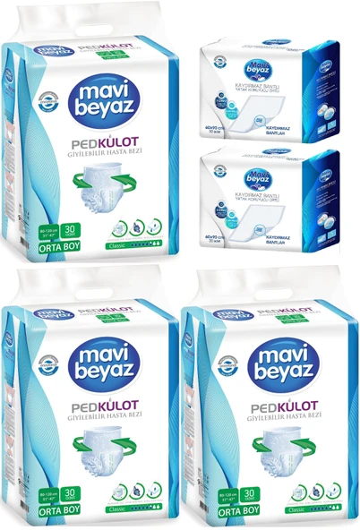 Mavi Beyaz Ped Emici Külot Hasta Bezi M - Medium Orta 90 Adet + Yatak Koruyucu Örtü 60*90CM 60 Adet ürün görseli 1