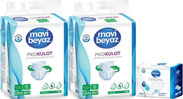 Mavi Beyaz Ped Emici Külot Hasta Bezi M - Medium Orta 60 Adet + Yatak Koruyucu Örtü 60*90CM 30 Adet ürün görseli 1