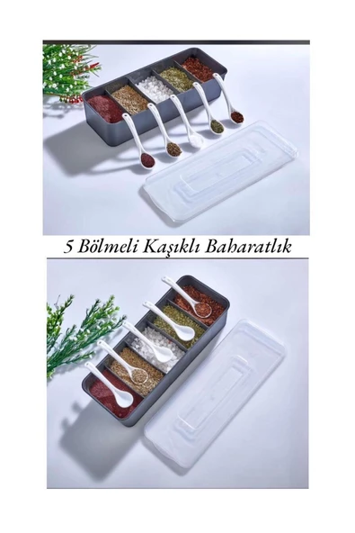 Mario Kaşıklı Baharatlık- 5 Bölmeli Baharat Saklama Kabı Masa Üstü baharat kutusu ürün görseli 1