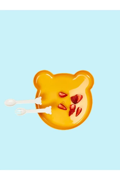 Bear Çatal Kaşıklı Mama Tabağı - Bebe Mama Seti Sarı ürün görseli 1