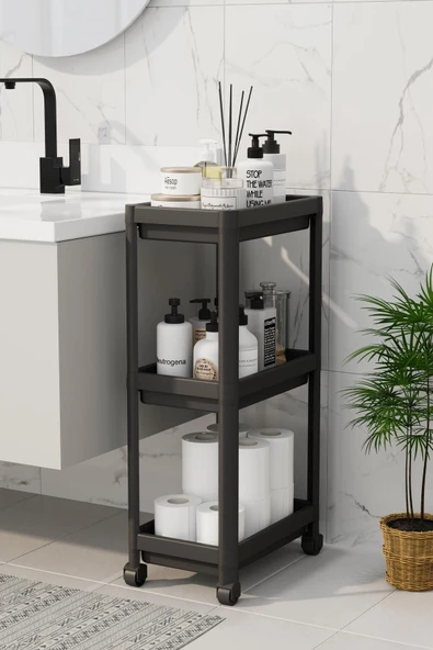 Peggy Siyah Geniş 3 Katlı Çok Amaçlı Mutfak Banyo Raf Ünitesi Tekerlekli organizer ürün görseli 1