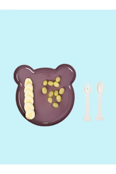 Bear Çatal Kaşıklı Mama Tabağı - Bebe Mama Seti Mor ürün görseli 1