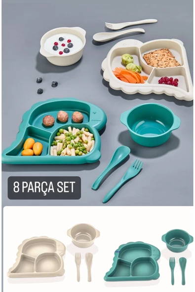 8 Parça 2 Set 2 Renk Bebek Mama Seti Mavi Beyaz - Çatal Kaşıklı Çocuk Yemek takımı dino ürün görseli 1