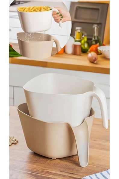 2 Parça Bej Xl Boy 3 Lt Plastik Süzgeç Çok Amaçlı Makarna Meyve Sebze Pirinç Yıkama Süzgeci ürün görseli 1