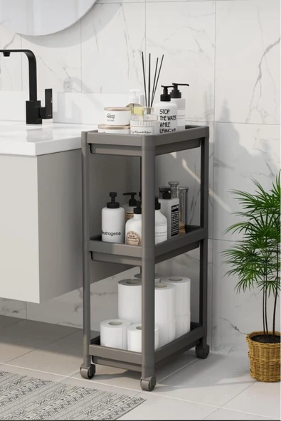 Jaja Gri Geniş 3 Katlı Tekerlekli Banyo, Mutfak Rafı Havluluk Deterjanlık Makyaj Organizeri ürün görseli 1