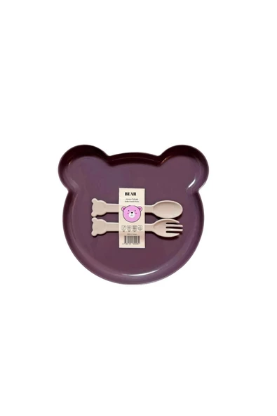 Bear Çatal Kaşıklı Mama Tabağı - Bebe Mama Seti Mor - Resim 2