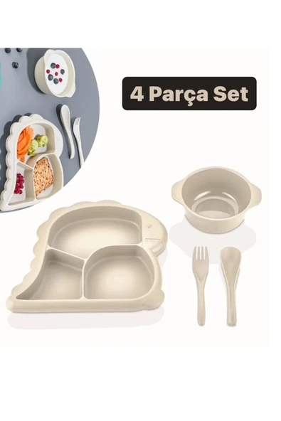 Dino Krem 4 Parça Parça Bebek Yemek Seti Mama Tabak Seti Çocuk Kahvaltı Tabağı ürün görseli 1