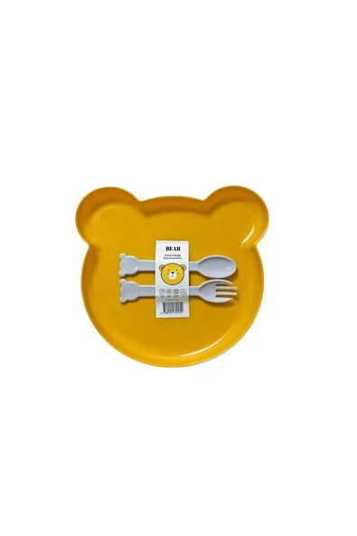 Bear Çatal Kaşıklı Mama Tabağı - Bebe Mama Seti Sarı - Resim 2