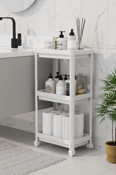 Peggy Beyaz Geniş 3 Katlı Tekerlekli Banyo, Mutfak Rafı Havluluk Deterjanlık Makyaj Organizeri ürün görseli 1