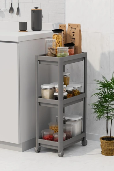 Peggy Gri Geniş 3 Katlı Çok Amaçlı Mutfak Banyo Raf Ünitesi Tekerlekli organizer ürün görseli 1
