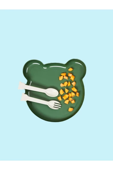 Bear Çatal Kaşıklı Mama Tabağı - Bebe Mama Seti Yeşil ürün görseli 1