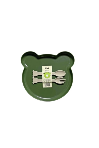 Bear Çatal Kaşıklı Mama Tabağı - Bebe Mama Seti Yeşil - Resim 2