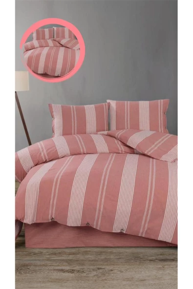 Pamuklu Çift Kişilik Nevresim Takımı- Ranforce Kumaş  Çizgili Pembe Beyaz Çarşaf Nevresim Yastık ürün görseli 1