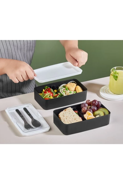 2 Katlı Siyah Çatal Kaşıklı Saklama Kabı 1003 Lunch Box - Beslenme Bölmeli Yemek Kutusu ürün görseli 1