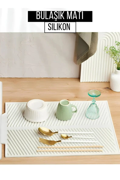 Krem Silikon Bulaşık Kurutma Matı Maxi Boy 44x33 Cm Bulaşıklık - Tezgah Bulaşık Altlığı ürün görseli 1