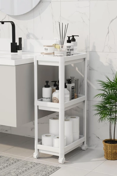 Peggy Beyaz Geniş 3 Katlı Çok Amaçlı Mutfak Banyo Raf Ünitesi Tekerlekli organizer ürün görseli 1