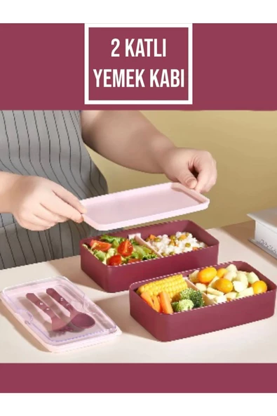 Mor Dikdörtgen 1003 2 Katlı Beslenme Kabı Yemek Kabı Saklama Kabı Kaşıklı Beslenme Kutusu ürün görseli 1