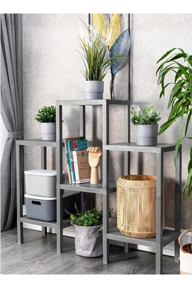 Shelf Piramit 6 Lı  Gri Plastik Raf Ünitesi Çiçeklik Banyo Rafı Mutfak Organizeri, Kitaplık ürün görseli 1