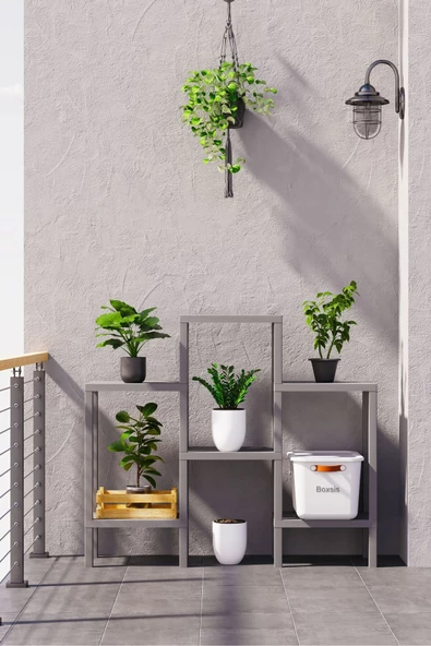 Ombeg 6 Katlı Gri Modüler Banyo Mutfak Balkon Teras Salon Rafı Düzenleyici Çiçeklik Raf Ünitesi ürün görseli 1